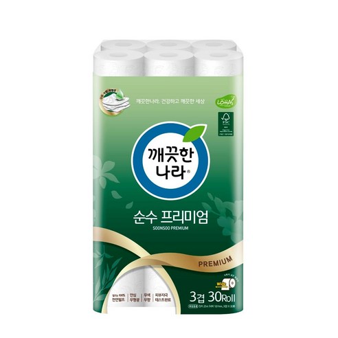 깨끗한나라 3겹 데코 순수 프리미엄 천연펄프 롤화장지 30m, 30롤, 3개