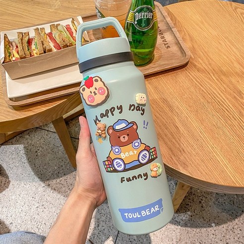 짚 물 컵 높은 색상 가치 야외 주전자를 가진 열 컵 대용량 여성, 청색:1400ML, 1400ML