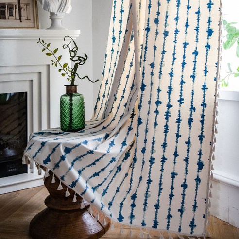 아이보리 블루 기하학 스트라이프 패턴 태슬장식 침실 거실 포인트 커튼
