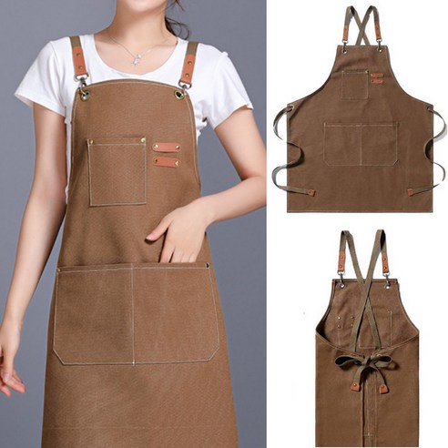 힐링하니 카페 바리스타 식당 공방 홀 서빙 쉐프 캔버스 앞치마, 브라운, 1개