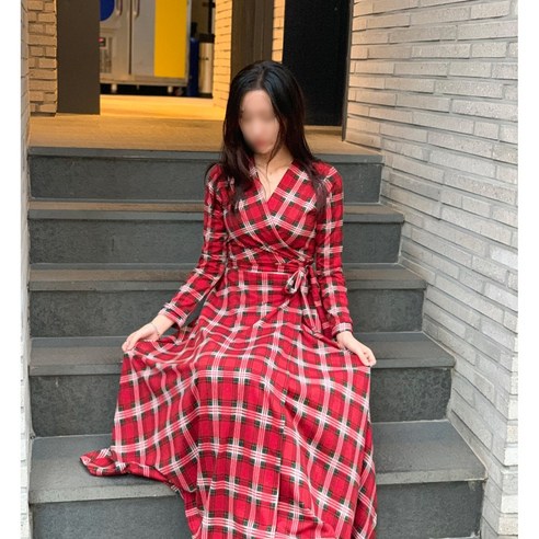 이브 더블 체크 맥시랩 롱 원피스