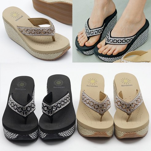 벨루치슈즈 여성 다이아 큐빅 스트랩 8cm 가보시 통굽 웨지 쪼리 슬리퍼