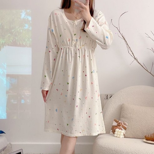 봄 가을 임산부 긴팔 잠옷 원피스 임부 귀여운 프린트 수유 원피스 캐주얼 수면 홈웨어 롱 원피스 잠옷 JS