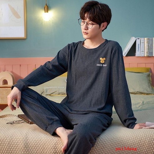 puildaug 남성 잠옷 면 긴팔 가을 homewear 정장 겨울에 밖에서 입을 수 있습니다