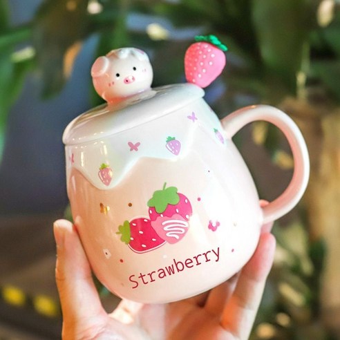 돼지 배 큰 도자기 컵 핑크 하트 물컵 뚜껑 사무실 창의 머그컵, 딸기 스푼. - strawberry., 500ml