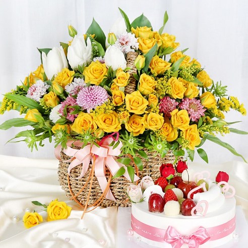 99플라워 (당일수령) 노란장미 꽃바구니+케익포함 [ST-A1858] - 전국꽃배달서비스 로즈데이 생일 선물 생화 케이크 당일배송