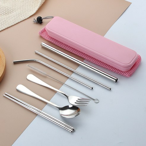 304 스테인리스강 식기 7 세트 학생 휴대용 젓가락 숟가락 빨대 세트, 규격 없음, 노르딕 핑크 7가지 세트