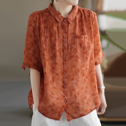도오빠 키토스 여성 반팔 셔츠 꽃무늬 플라워 패턴 남방 카라넥 포켓 블라우스 레드 여름 여자셔츠