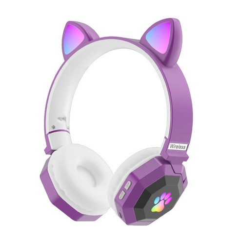 MAGIC 무선이어폰 귀여운 고양이 귀 블루투스 5.0 이어폰 RGB 스테레오 음악 헬멧폰 마이크폰, 하나, Dark purple