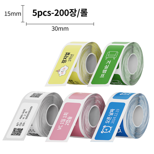 Toocki 블루투스 무선 감열식 휴대용 미니 라벨 프린터 (감열지 포함), 15*30mm-200장/롤, 5개입, P12,P50 적용