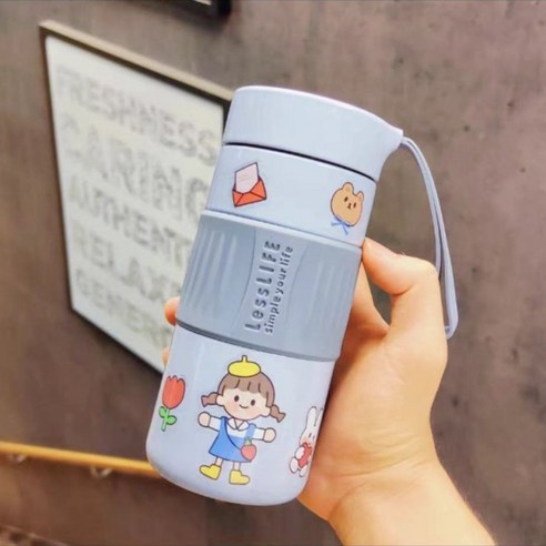 커피 동행 컵 귀여운 일본 스타일 보온병 Ins 간단한 고등학생 여성 고가 차 컵, 블루 400ml (차 필터), 싱글 컵 + 무작위 스티커