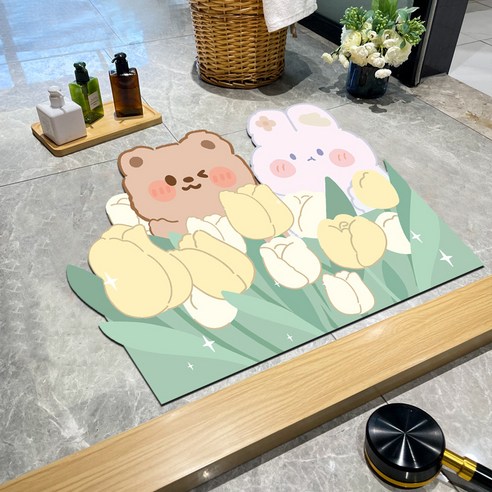 사치 규조 진흙 깔개 만화 욕실 흡수속 건조 미끄럼 방지 깔개 화장실 발판 입구, 토끼+곰(흰 꽃)