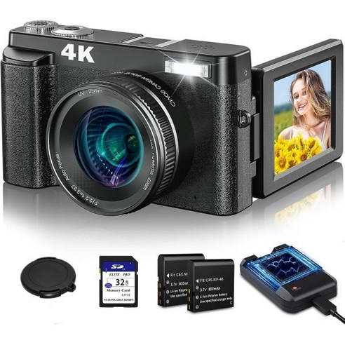 사진 자동 초점을 위한 4K 디지털 카메라 SD 카드 흔들림 방지 기능이 있는 48MP 블로깅 여행용 3인치 180° 플립 스크린 컴팩트 비디오 플래시 청소년을 16배 줌 카메