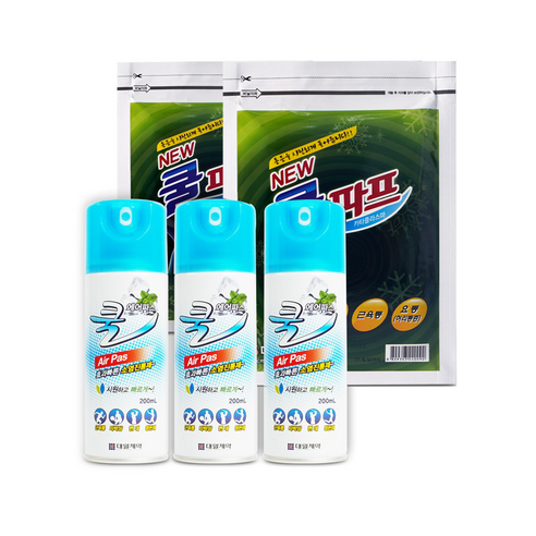 대일제약 쿨에어파스 스프레이 200ml x 3개 총3개 + 대일 쿨파프 5매입 x 2개 총2개, 쿨에어파스 200ml 3개+쿨파프 10매