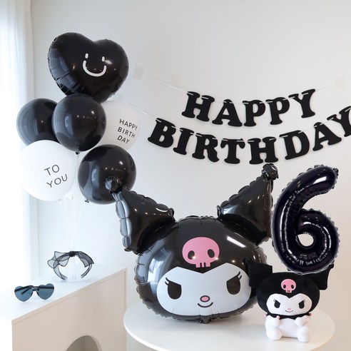 산리오 생일 파티 숫자 풍선 세트 시나모롤 쿠로미 마이멜로디 테마, 6, 1개, 블랙화이트