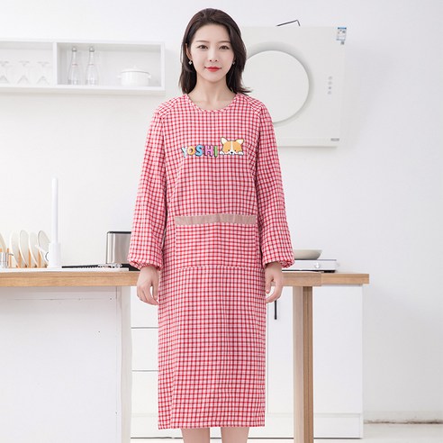 앞치마 주방의류 순면 긴팔 가정용 앞치마 주방 요리, 1 건, 가장가비 순면 비버 블라우스-레드