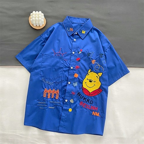 YANG 여름 홍콩 스타일의 만화 곰 셔츠 여성용 반팔 한국어 스타일 느슨한 모든 일치 틈새 디자인 서양식 셔츠