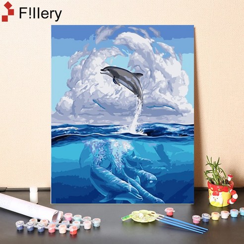 FiIIery DIY명화그리기 피포페인팅 풍경화 인물화그리기 그림그리기 세트 40 x 50cm, 80-돌고래 A