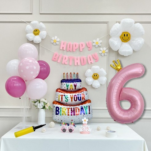 연지마켓 생일 파티 케이크 데이지 왕관 숫자 풍선 가랜드 세트, 1세트, 케이크 핑크B 6
