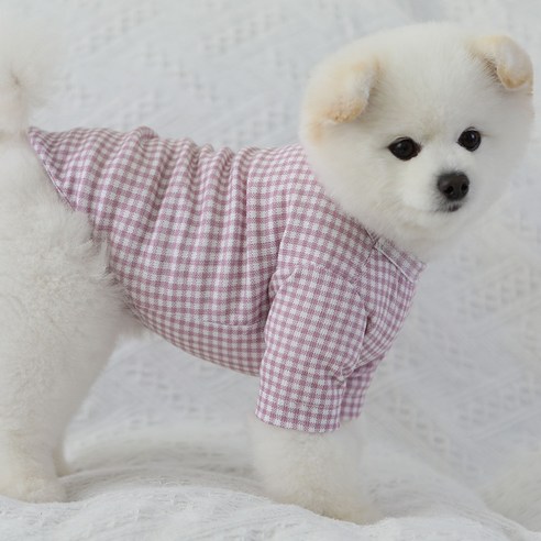 럭키페터 깅엄체크 강아지 옷 소형견 대형견 티셔츠 실내복 강아지 내복, 퍼플