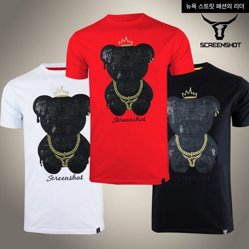 [스크린샷] S11222 - 정품 뉴욕 스트릿 힙합 스크린샷 브랜드 - 레터링 포일 베어 고퀄리티 면스판 남여 공용 솔리드 반팔 티셔츠 - S11222