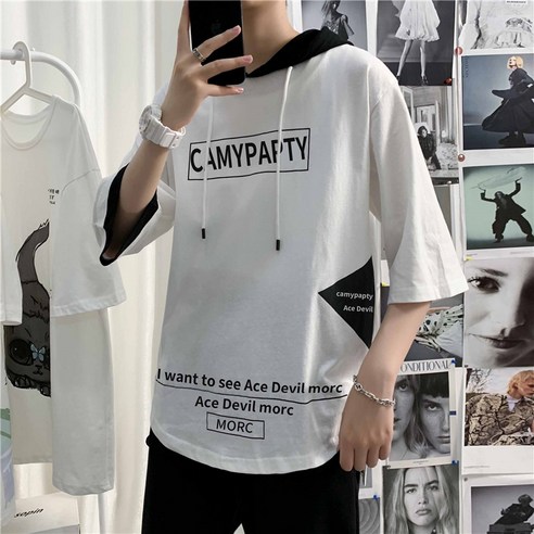 DFMEI 가짜 투피스 티셔츠 남성 스타일 트렌디 컬러 자른 소매 티셔츠 느슨한 후드 반팔 탑