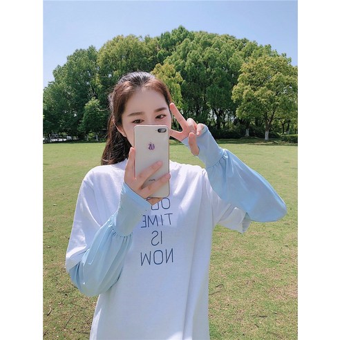 DFMEI 여름 느슨한 단색 선 스크린 슬리브 여성용 자외선 차단 핸드 슬리브 팔 보호대 간단한 자수 작은 꽃 아이스 슬리브, DFMEI 파란색