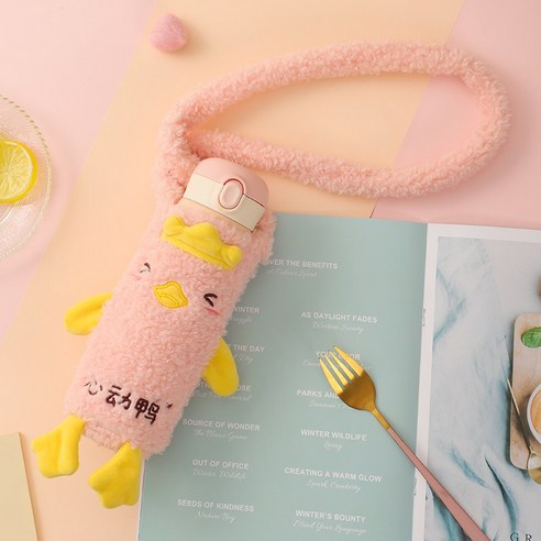 [LM] 거품 우유 차 보온병 병 곰 오리 플러시 커버 스트랩 절연 스테인레스 스틸 여행 물 진공 컵 선물, {"크기":"420ml"}, Pink C