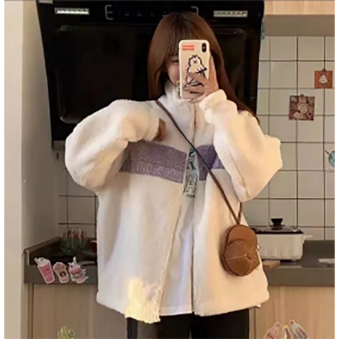 ANYOU 여성 패션 양털 코트 루즈핏 도톰 상의 코트