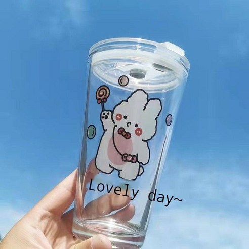 빨대 컵 여학생 한국판 ins풍 유리컵 가정용 뚜껑 휴대용 우유컵 소녀심 물컵 실크 프린트 곰 싱글컵, 화투풍선토끼(컵+유리빨대+뚜껑+빨대솔)