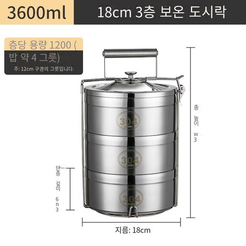 스테인레스 스틸 더블 레이어 절연 도시락 버킷 2/3/4/5 다층 도시락 슈퍼 대용량 음식 격자 냄비, 짙은 녹색 18cm 3 층 304 오버플로 방지