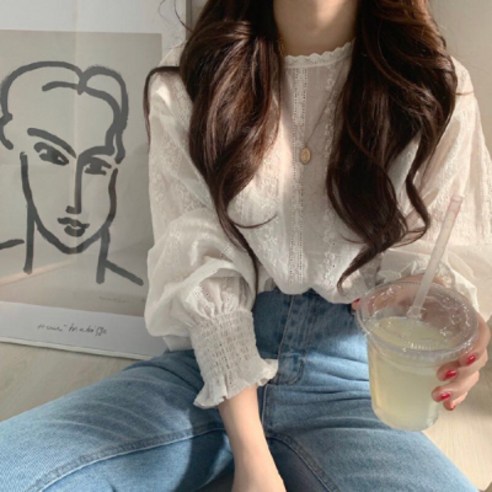 KORELAN 레이스 플라워 블라우스 램프 롱 슬리브 블라우스