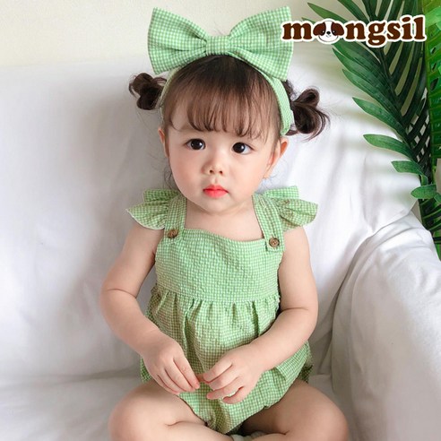 몽실이 잔체크 바디슈트 헤어밴드