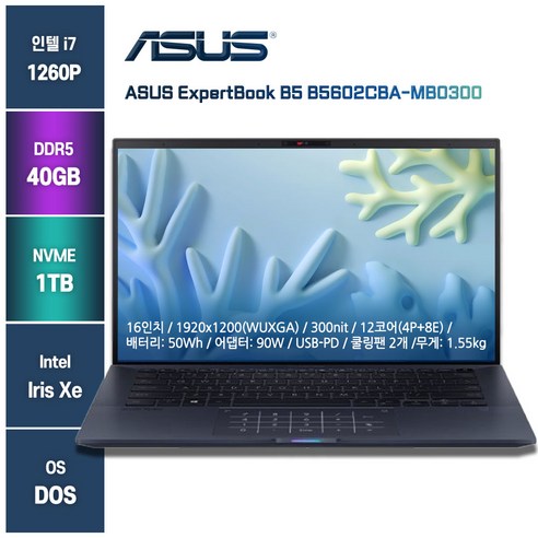 아수스사무용노트북 B5602CBA-MB0300, ASUS B5602CBA-MB0300, Free DOS, 16GB, 512GB, 블랙