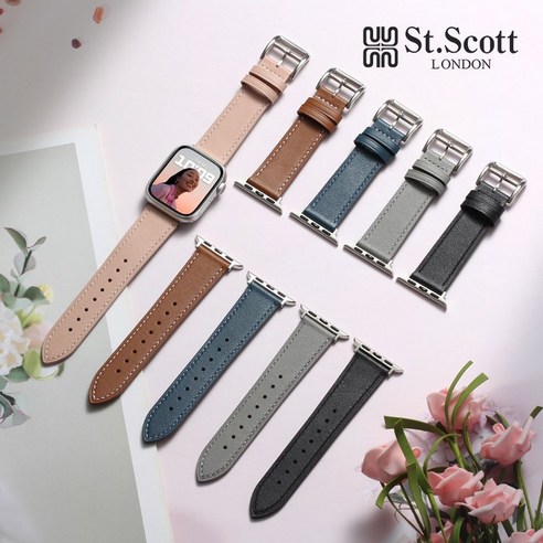 세인트스코트 STR-L01 애플워치 호환 스트랩 프리미엄 소가죽 밴드, 커넥터 38_40_41mm_블루쉬 그린_블랙 커넥터, 블루쉬 그린_블랙 커넥터, 1개