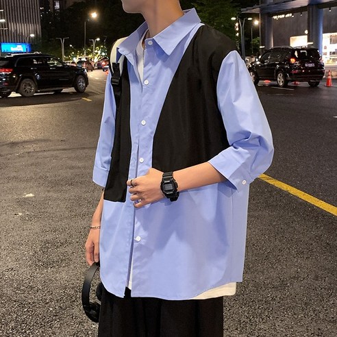 DFMEI 반소매 셔츠 남성 디자인 감각 틈새 커플 바느질 반소매 대비 컬러 셔츠 세련된 여름 코트