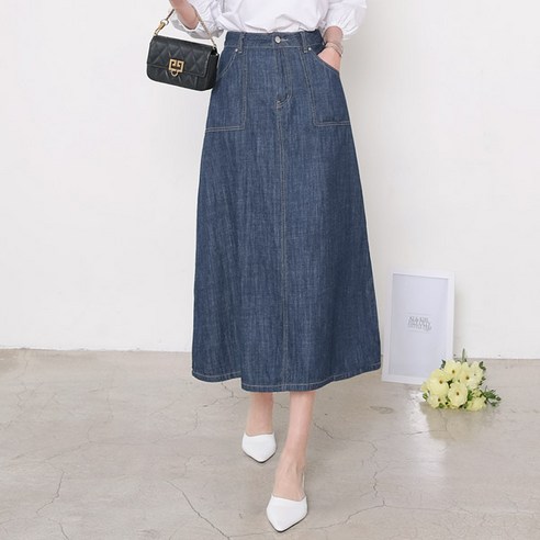 헤이올리 초경량 생지청 사각아웃포켓 반밴딩 A라인스커트
