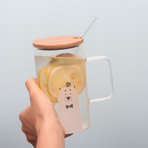 DFMEI 크리에이티브 러블리 머그컵 빨대 뚜껑스푼 대용량 내고온 유리컵 오피스 남녀컵, DFMEI 사랑 곰 [대나무 커버 + 밀짚]