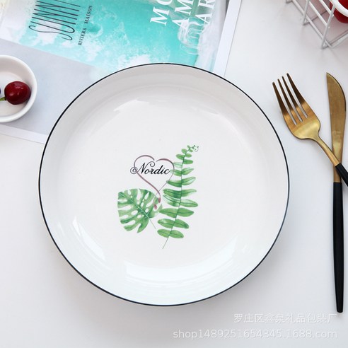 KORELAN녹색 식물 접시 숲 시리즈 도자기 접시 창의 심플한 양식 접시 북유럽풍 접시 아침식사 접시, 복숭아잎, 7인치 접시 한 상자당 60개