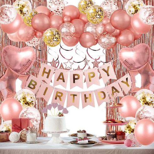 생일파티풍선 풀세트 풍성한구성 풍선가랜더 생일이벤트 홈파티 사진잘나오는 인스타감성, 핑크+골드