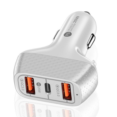 3USB 자동차 충전기 3 포트 멀티 인터페이스 자동차 휴대 전화 충전기, 2A 섹터 패턴 2USB PD 자동차 충전 화이트 [베