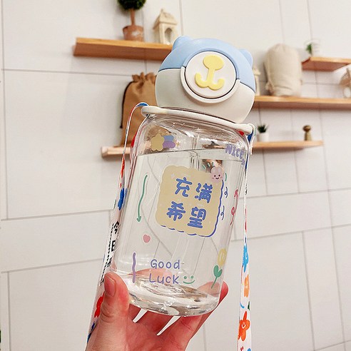 귀여운 곰돌이 빨대 물컵 패션 휴대용 어깨끈 스티커 학생 플라스틱 컵 선물, BSQ-502블루_650ml
