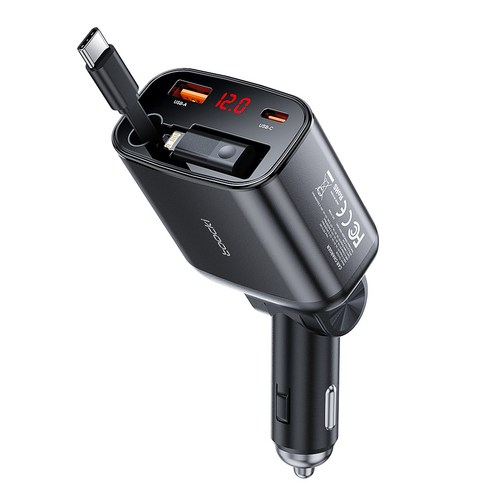 Toocki PD105W PPS 3포트 전압 디스플레이 릴타입 시거잭 초고속 차량용 충전기, 그레이, TQ-CC38