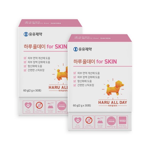 유유제약 하루올데이 for SKIN 강아지 피부 피모 반려견 영양제 습진 모질 발바닥사탕 카제로템, 2팩, 피부/피모