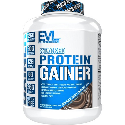 EVLUTIONNUTRITION 스택드 프로틴 게이너 파우더 드링크 믹스 더블 리치 초콜릿 맛, 1개, 2.72kg