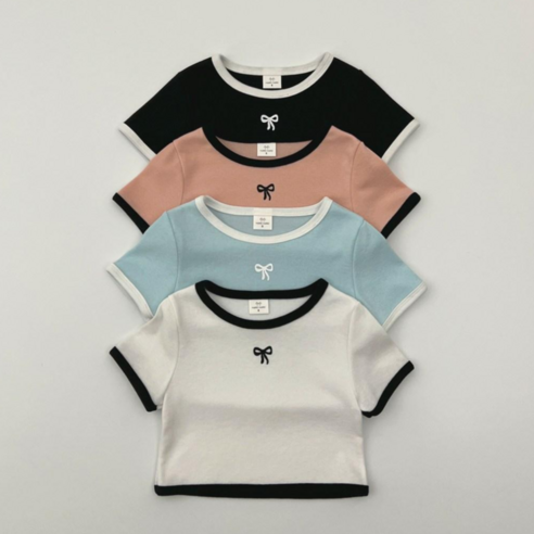 [미야네] 아동 주니어 퀸즈 리본 배색 크롭 반팔티 배색 리본 티셔츠