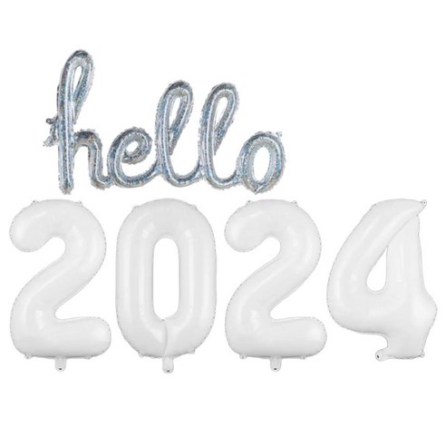 새해 파티 헬로 2024 숫자 풍선 화이트 신년 파티 용품, 2개, 헬로 2024 화이트