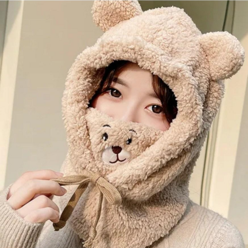 곰돌이바라클라바 방한모자, 성인용 베이지