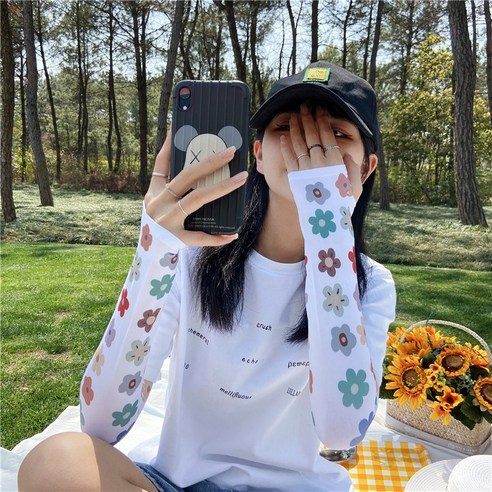 DFMEI 선플라워 캐릭터 아이스 슬리브 한국판 아이스 글러브 팔 보호대 여름 여자 차양 큐티인스소매 덮개, DFMEI 화이트 플라워 (아이스 핫픽스)
