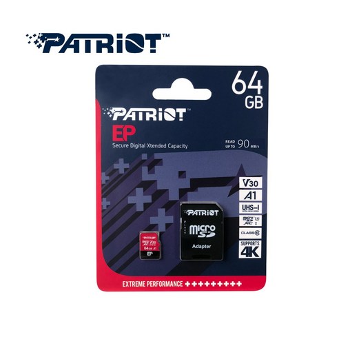 패트리어트 EP 시리즈 Micro SDXC UHS-I Class10 U3 V30 A1 마이크로 SD카드 64GB + 아답터포함